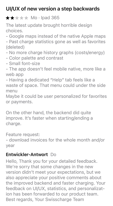 A screenshot of a review of the Swisscharge app in the iOS App Store. Complaints include a poorer user experience, lost charging statistics, the help section, and the color palette and contrast.