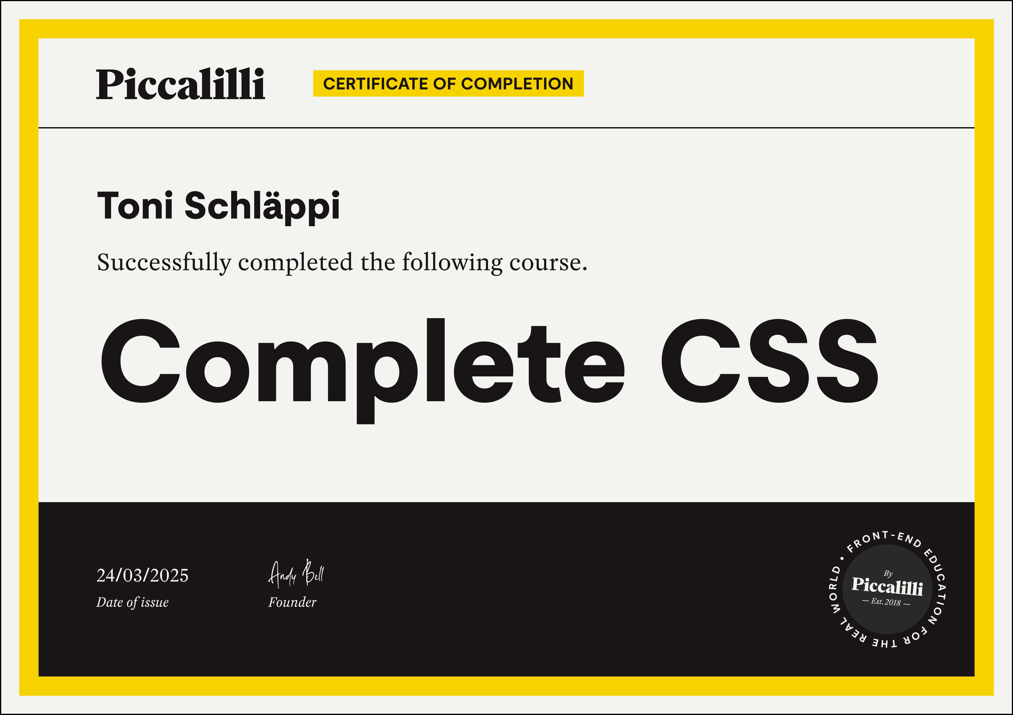 Certificate for Toni Schläppi upon completion of the “Complete CSS” course