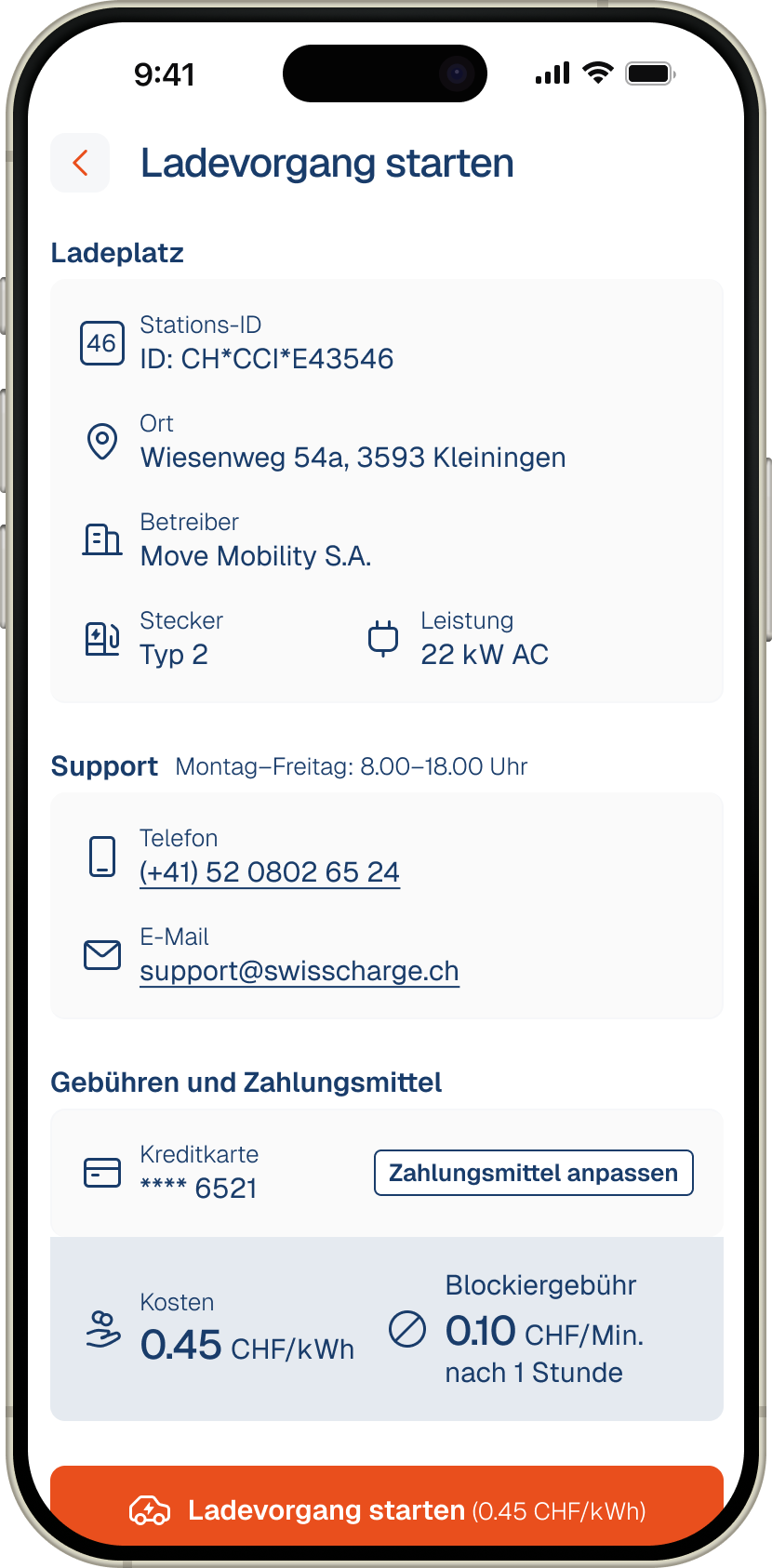Redesigned charging session start interface with streamlined flow