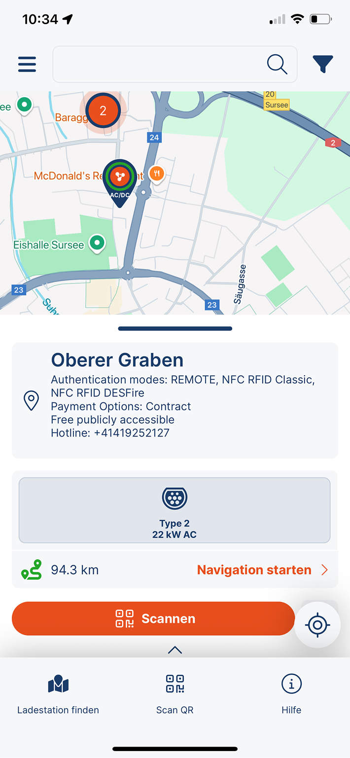 A screenshot of the current Swisscharge App, after the big fall 2025 update