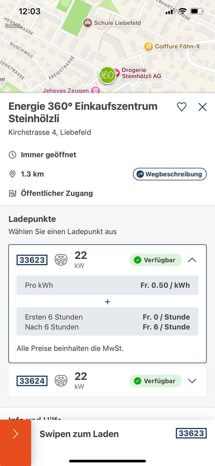 A screenshot of the Swisscharge App as it appeared before the big fall 2025 update