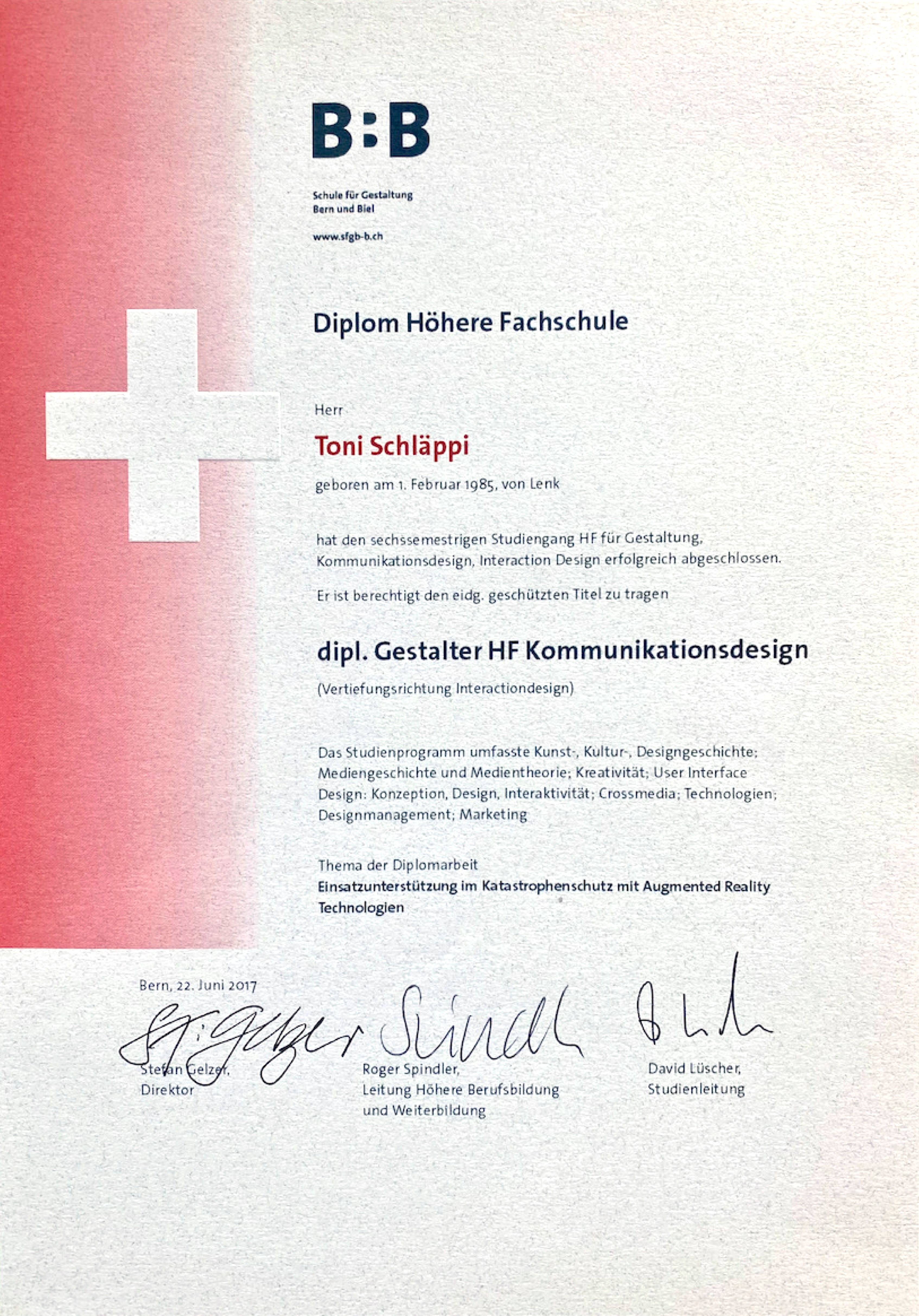 Advanced Diploma in Communication Design (HF) Specializing in Interaction Design for Toni Schläppi