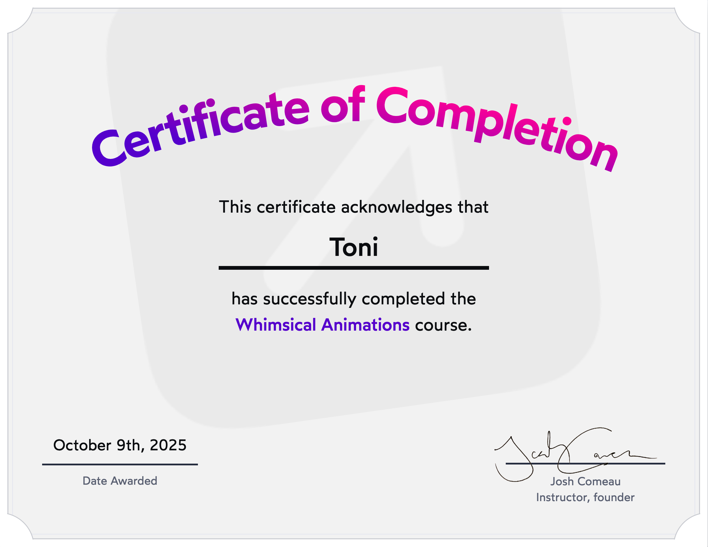 Certificate for Toni Schläppi upon completion of the “Whimsical Animations” course