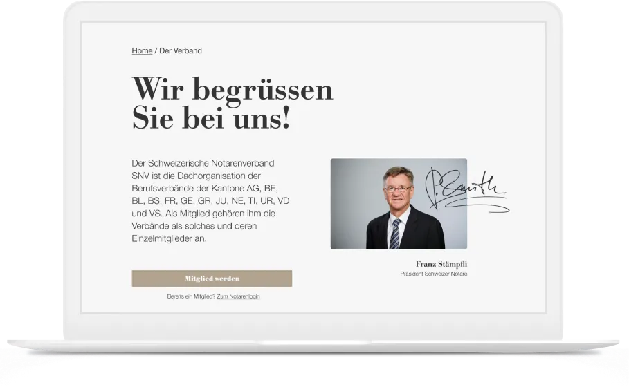 sample of the final UI design for Swiss Notaries Association (SNV)